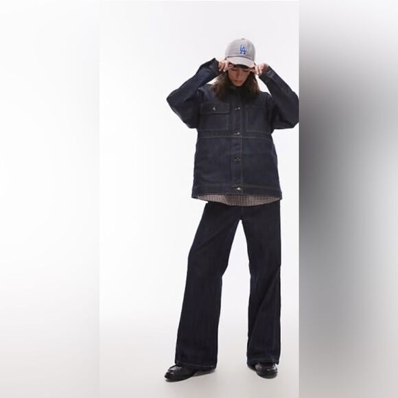 ASOS Topshop Women's Dark Blue Coated Denim Shirt Jacket chore barn trench 4 - Picture 1 of 11